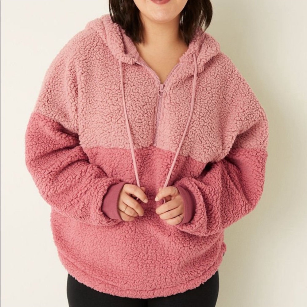 VICTORIA’S SECRET PINK Varsity Sherpa Half Zip Sweater Jacket XL